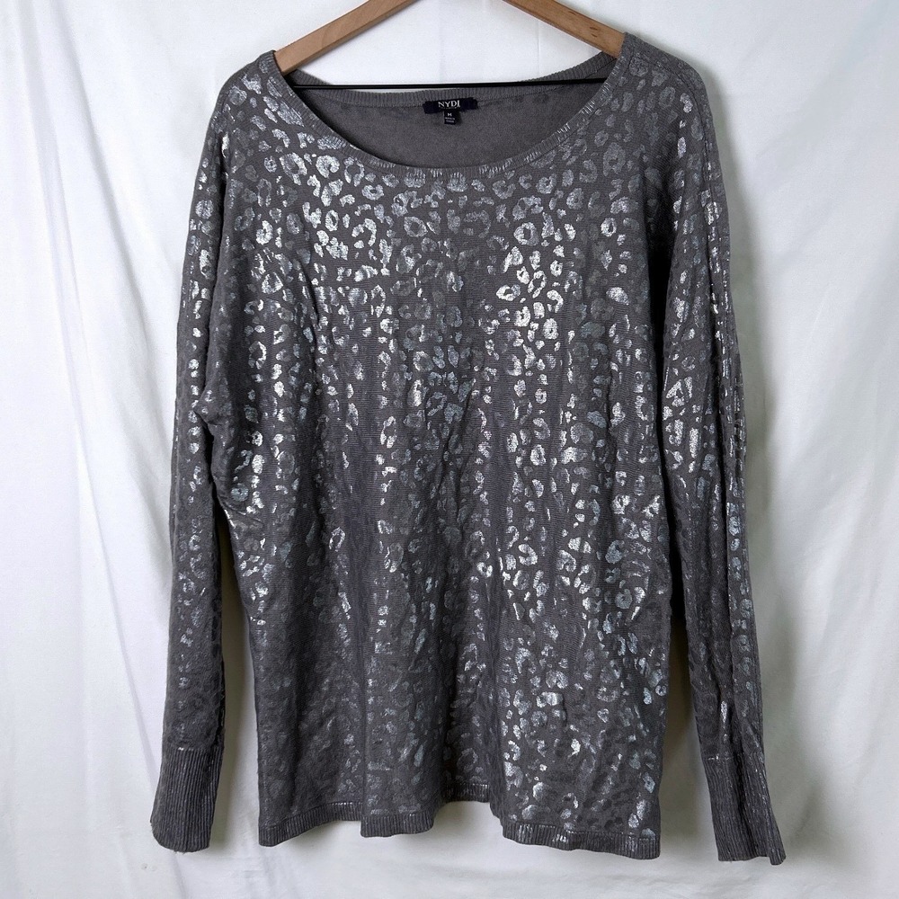 NYDJ Womens Gray Leopard Animal Print Silver Long Sleeve Sweater Top Size M